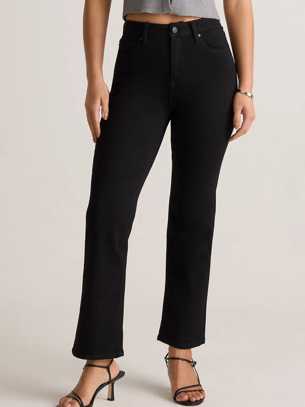 Quince Bella Stretch Straight Leg Jeans High Rise Black Wash Crop Size 8